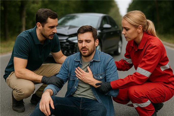 Ein verletzter Mann sitzt auf der Straße, während zwei Personen Erste Hilfe leisten.