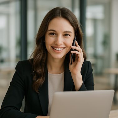 Junge Frau im dunklen Blazer lächelt und spricht am Telefon vor einem Laptop.