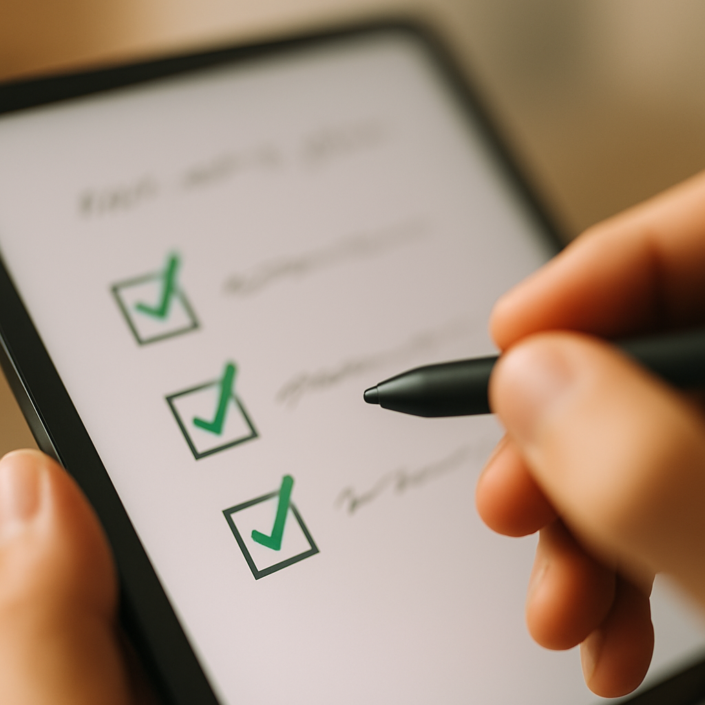 Eine Hand hält einen Stylus und markiert Aufgaben auf einem digitalen Checkbox-Notizblatt.