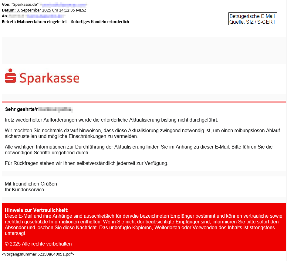 Anonymisiertes Muster einer Phishing-Email - angeblich von der Sparkasse