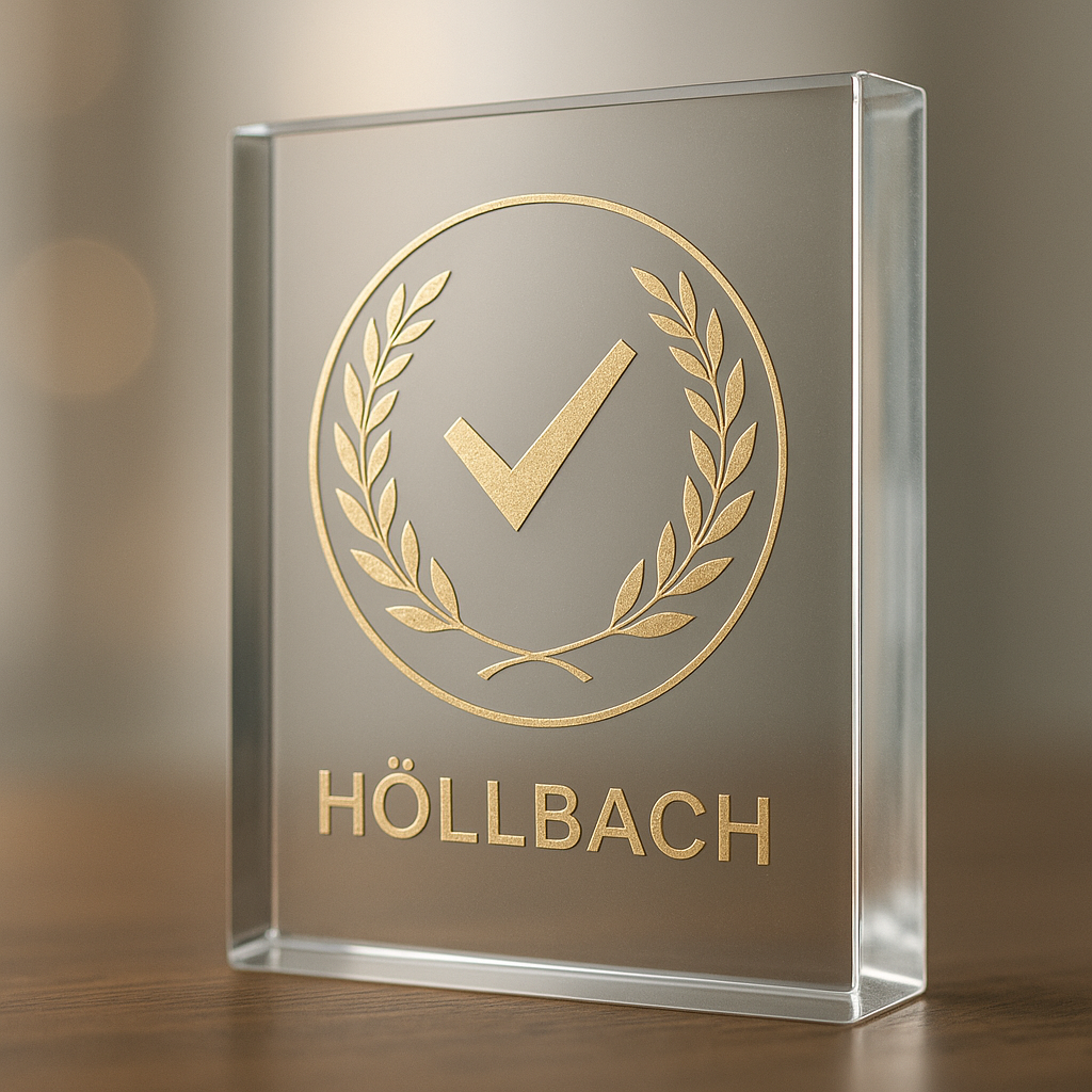 Transparente Trophäe mit goldener Inschrift „HÖLLBACH“ und einem Häkchen-Emblem.