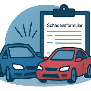 Zwei Autos prallen aufeinander, daneben ein Schadensformular auf einem Clipboard.