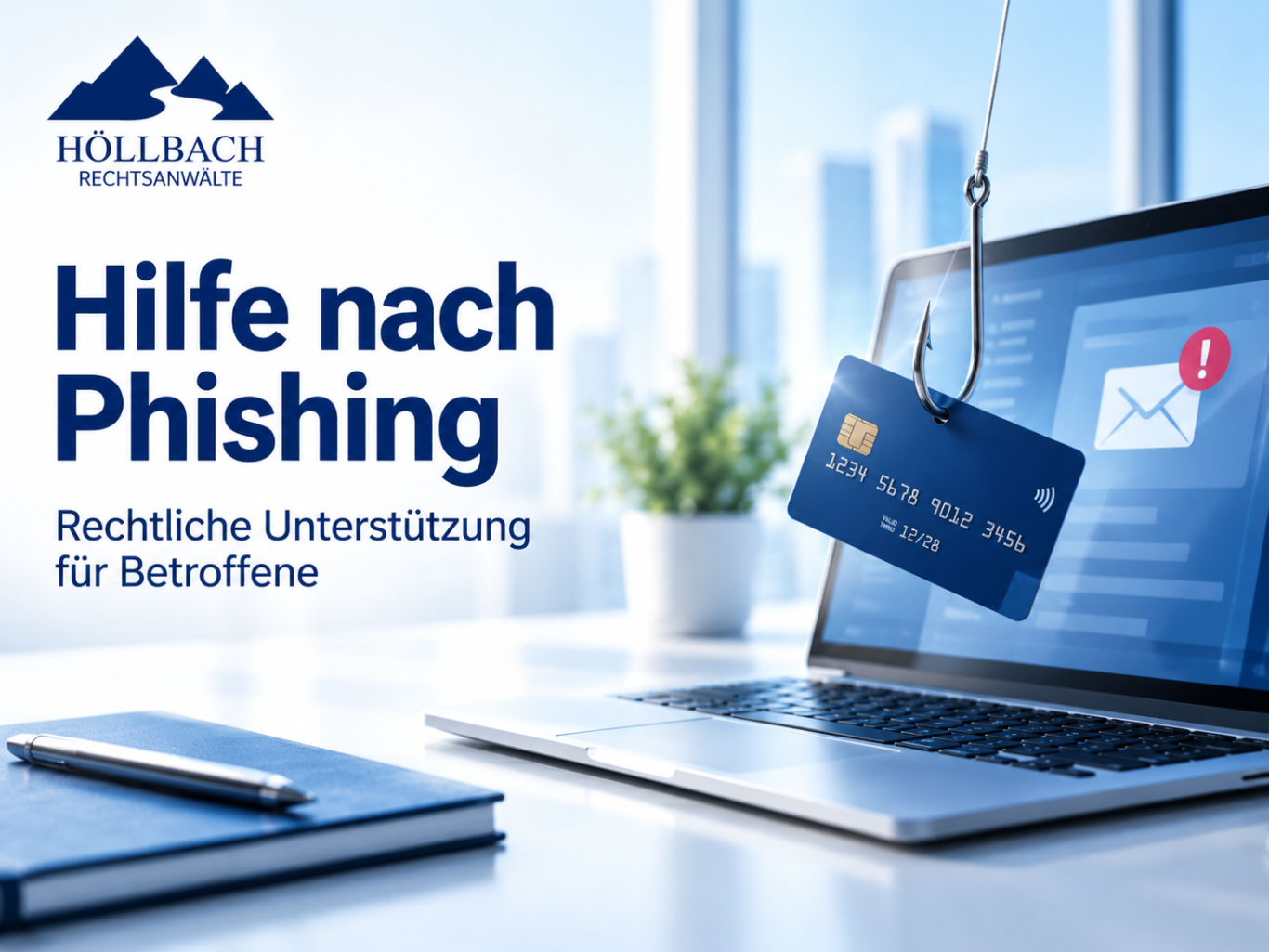 HÖLLBACH Rechtsanwälte - Hilfe nach Phishing-Attacke Bankkarte nach Phishing-Angriff an Angelhaken. Anwaltliche Hilfe und rechtliche Unterstützung durch HÖLLBACH Rechtsanwälte