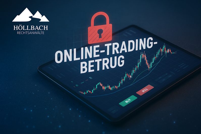 Grafik mit einem Tablet, das Online-Trading-Betrug und einen Sicherheitsverschluss zeigt.