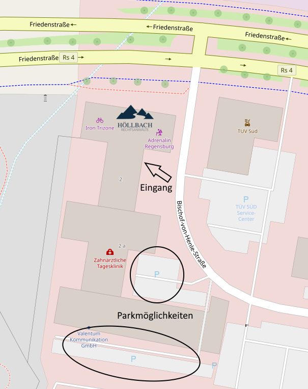 Karte mit Lageplan und Zufahrten zu kostenfreien Parkplätzten in der Nähe des Gebäudes.