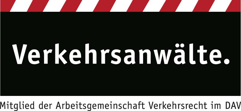 Schwarzes Schild mit roten und weißen Streifen und dem Text "Verkehrsanwälte."