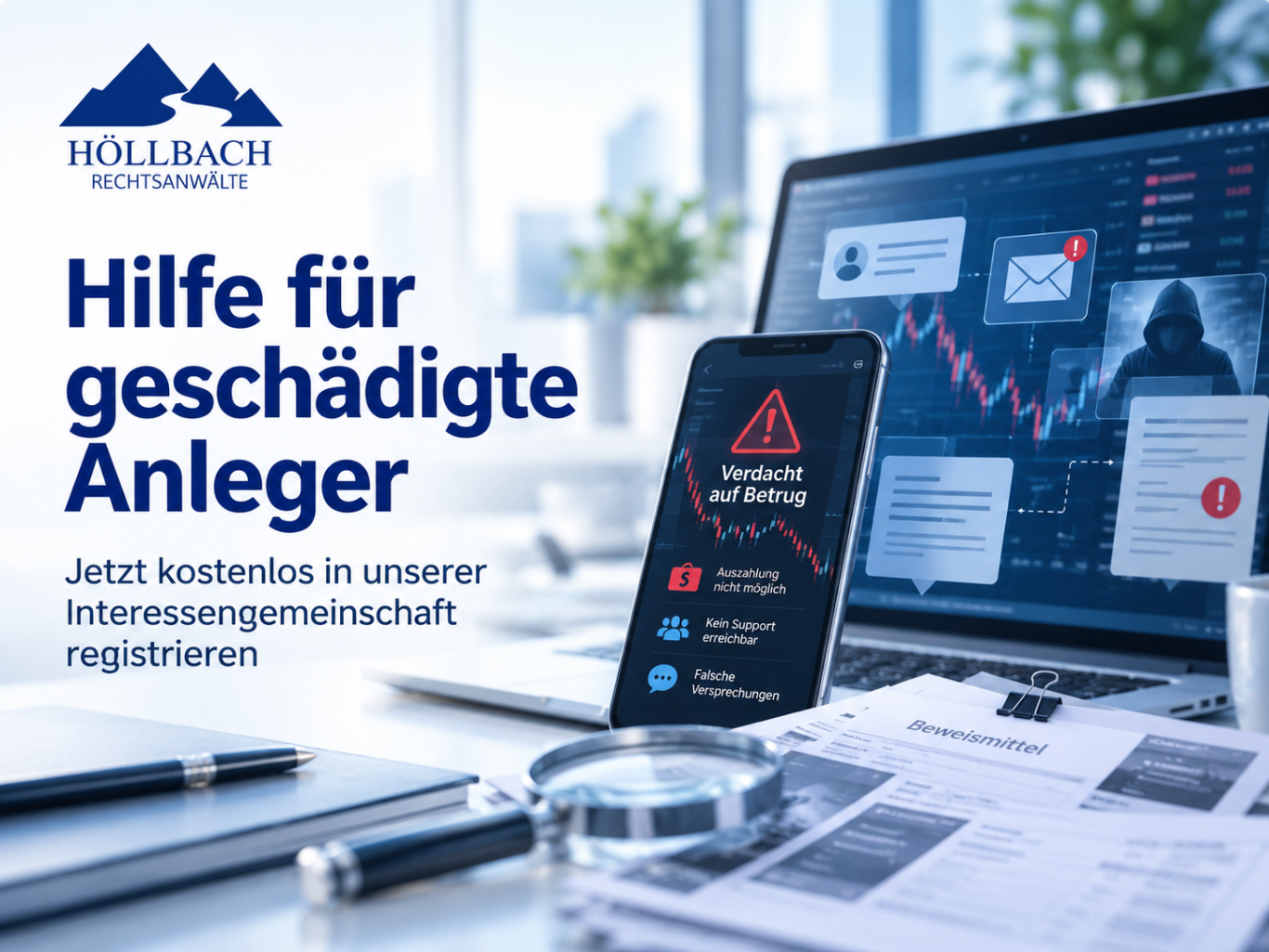 HÖLLBACH Rechtsanwälte - Hilfe bei Online-Trading-Betrug Finger tippt auf eine Tastatur mit dem Text "Online-Trading-Betrug" und einem Vorhängeschloss.
