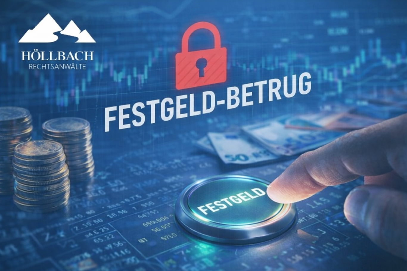 Ein Finger drückt auf einen Knopf mit der Aufschrift „Festgeld-Betrug“ vor einem digitalen Hintergrund.