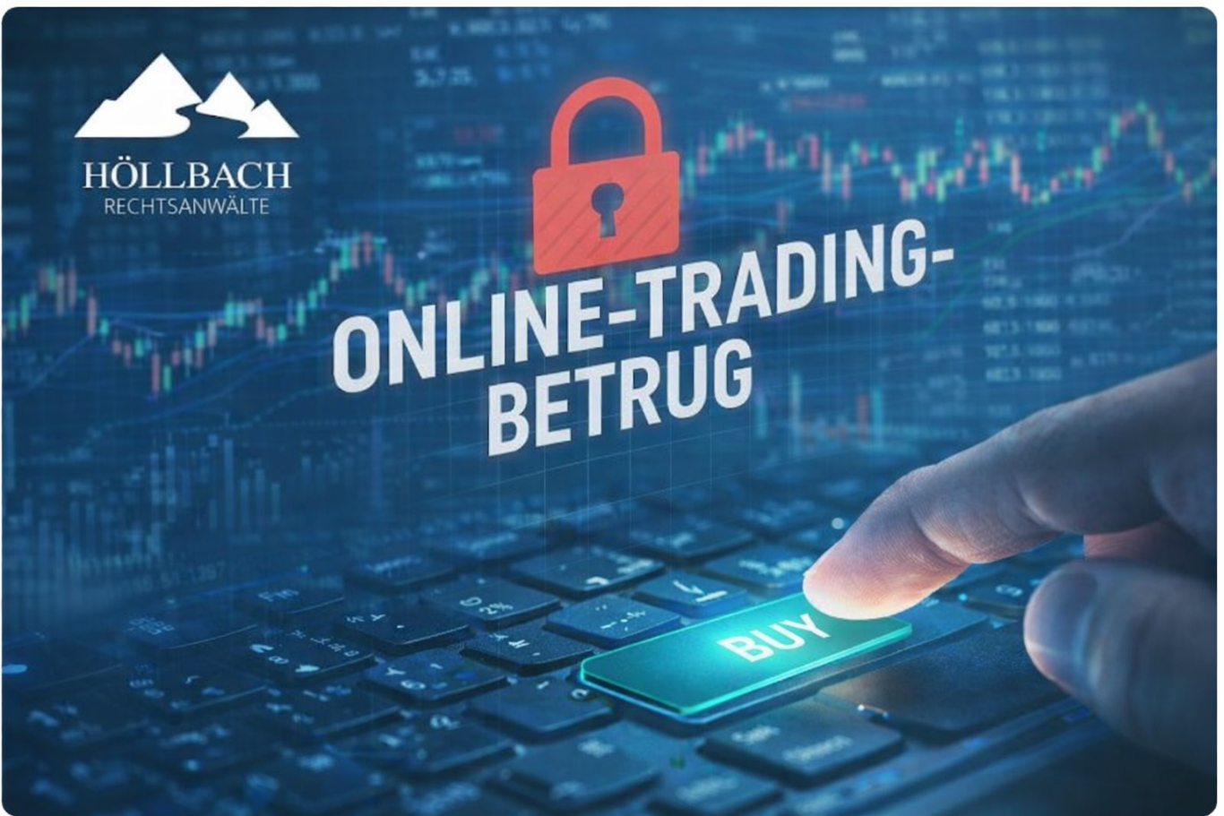 Finger tippt auf eine Tastatur mit dem Text "Online-Trading-Betrug" und einem Vorhängeschloss.