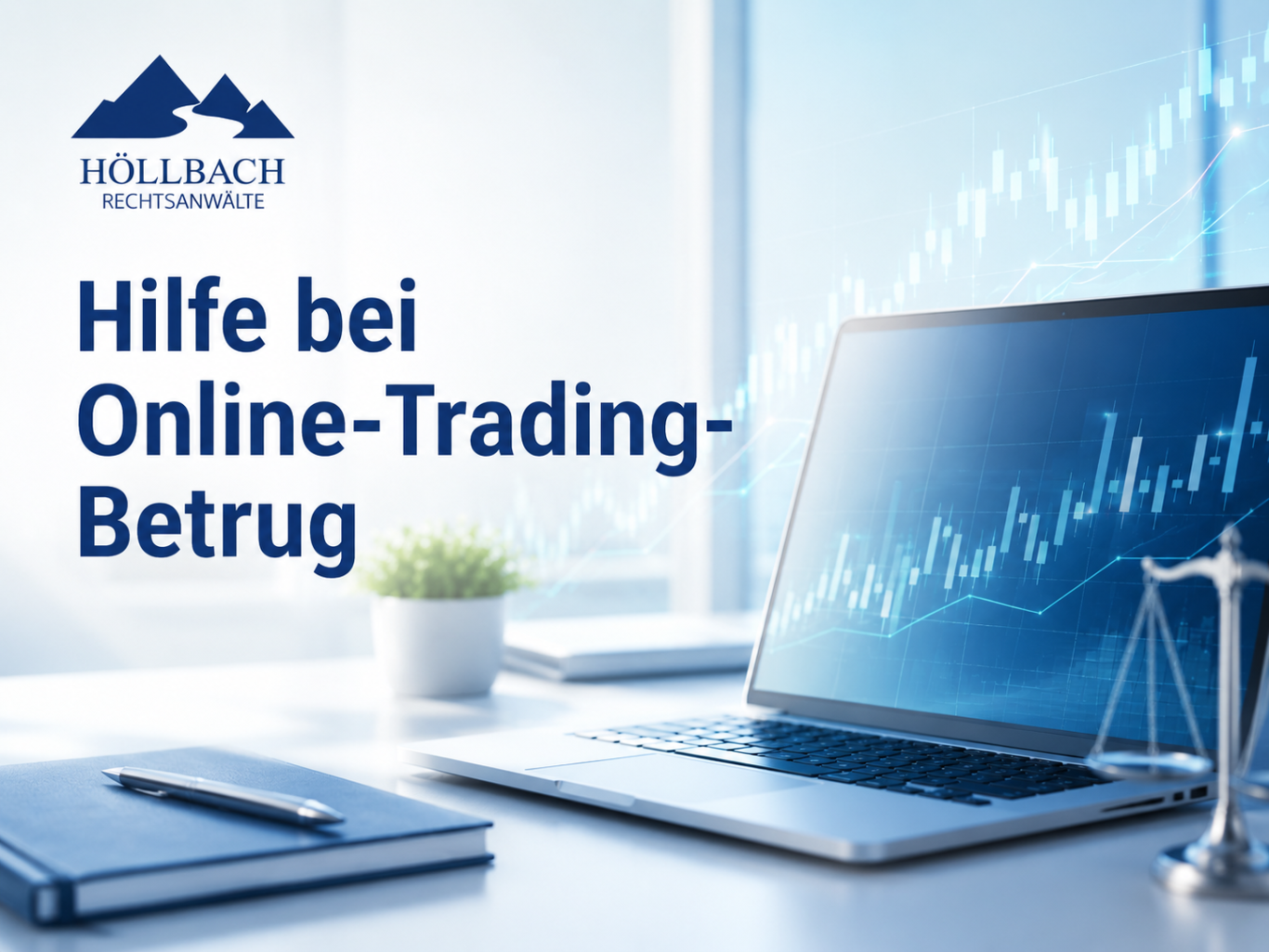 HÖLLBACH Rechtsanwälte - Hilfe bei Online-Trading-Betrug Hilfe bei Online-Trading-Betrug mit Laptop und Gerichtssymbolen.