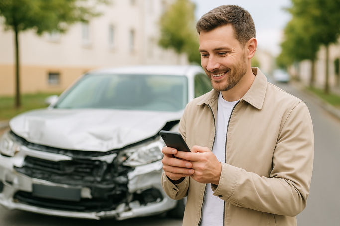 Mann mit Smartphone vor einem beschädigten Auto auf der Straße.
