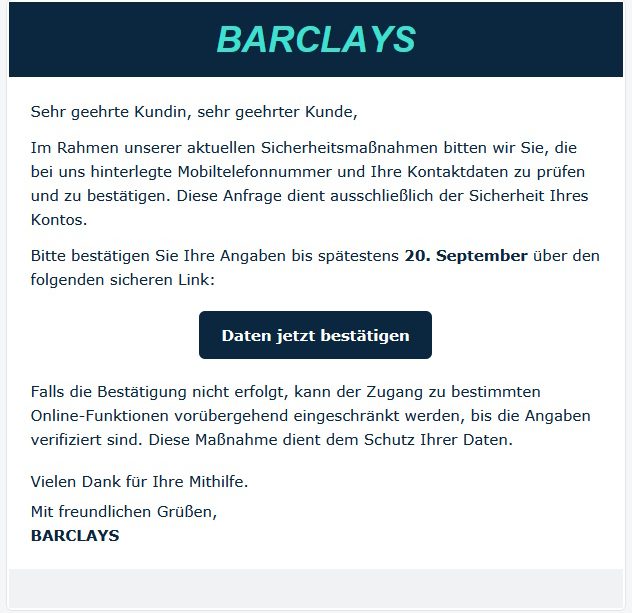 Anonymisiertes Muster einer Phishing-Email - angeblich von der Sparkasse