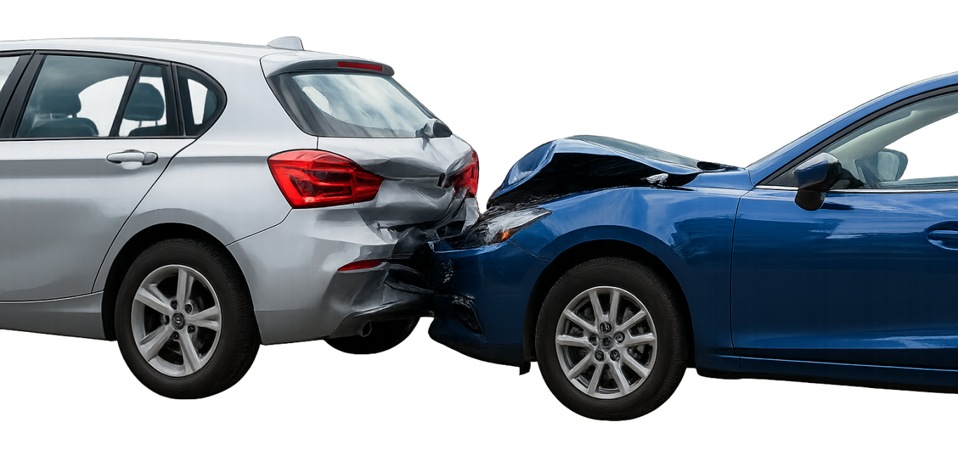Zwei Fahrzeuge nach einem Auffahrunfall, eines silber, das andere blau.